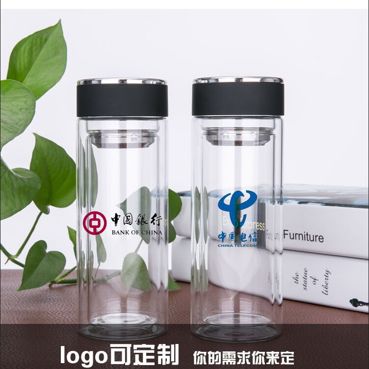 双层水晶玻璃杯便携透明茶水杯子定制logo广告礼品杯批发		